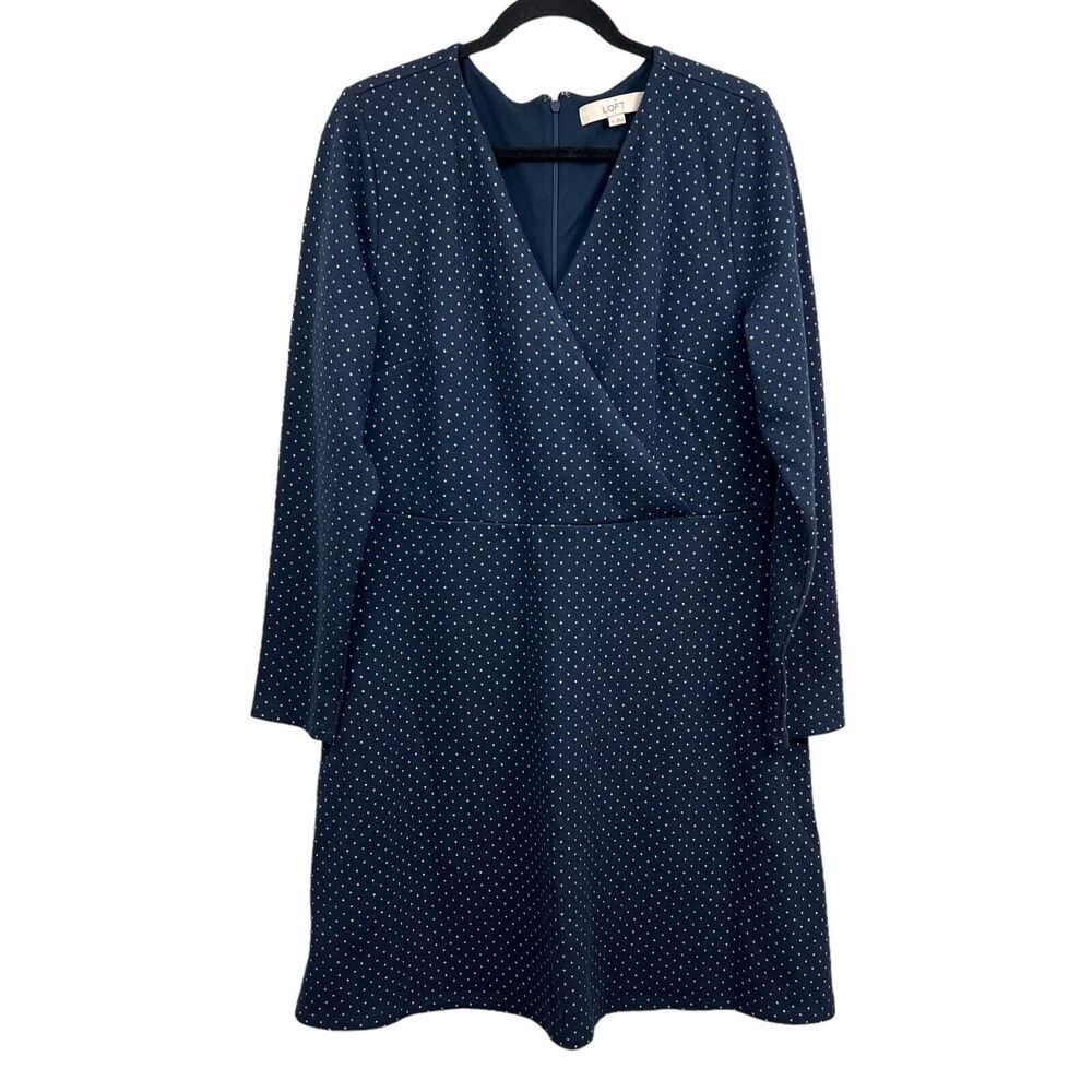 LOFT Womens Dress Stretch V Neck Long Sleeve Stars Print Blue White Sz 14*
